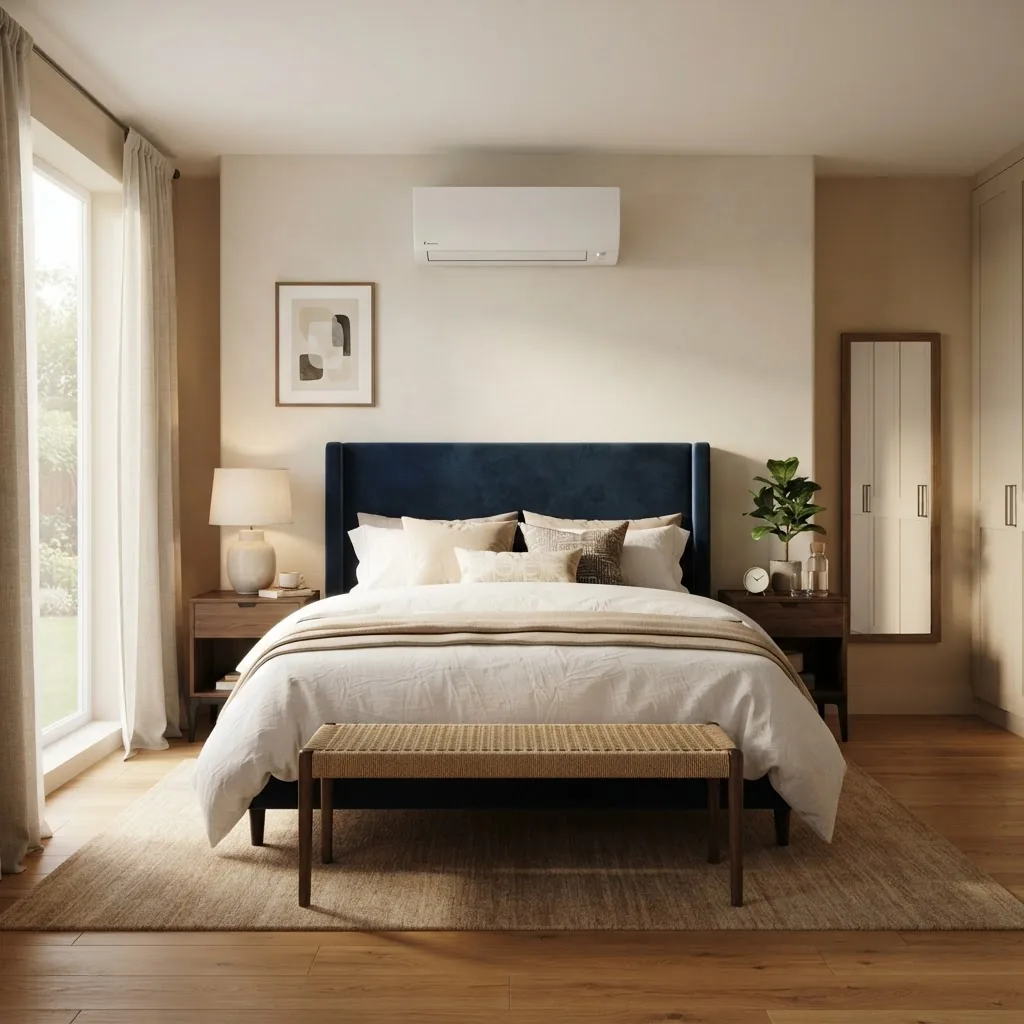 Quarto climatizado com ar-condicionado split, conforto e design