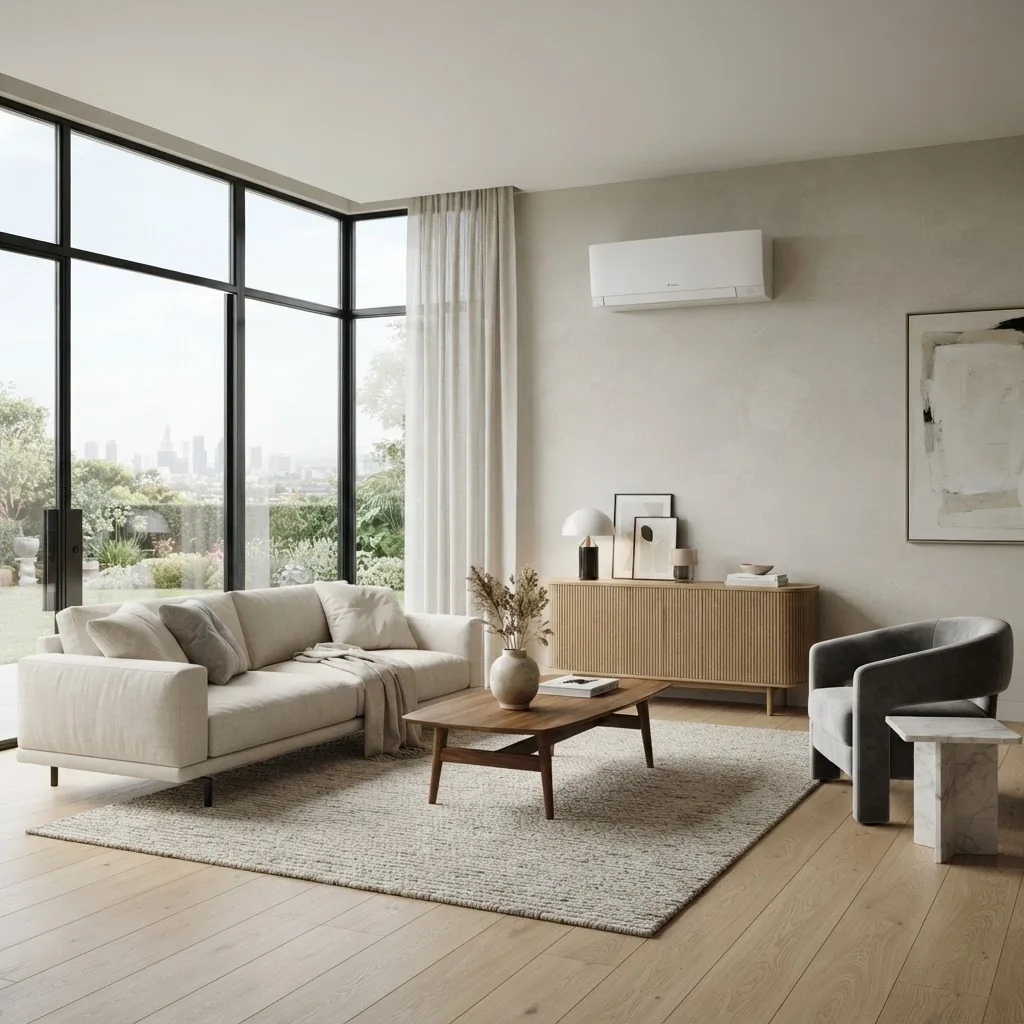 Sala de estar residencial fresca e confortável, climatizada pela Impetus